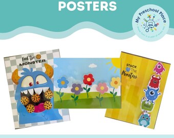 May include: Three colorful classroom reward posters. One features a blue monster with cookies, another shows flowers, and the third displays stacked monsters. The posters have text that reads "Feed the Monster" and "Stack the Monsters."