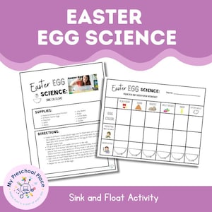 May include: Educational printable worksheet titled "Easter Egg Science: Sink or Float." The worksheet includes a prediction and observation chart, supplies list, and directions for an Easter-themed science experiment. The image has a purple background.