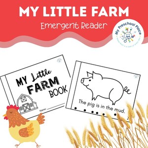 May include: An educational children's book titled "My Little Farm" with a red banner at the top. The book features a cartoon pig, a chicken, and the text "The pig is in the mud."