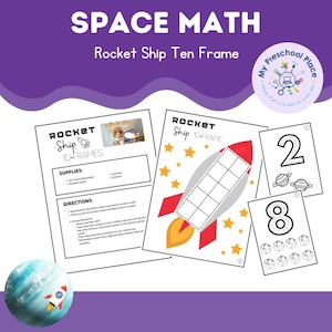 May include: Educational printables for kids featuring a rocket ship ten frame. The image includes worksheets with the text "SPACE MATH" and "Rocket Ship Ten Frame". Number cards with the numbers 2 and 8 are also shown.