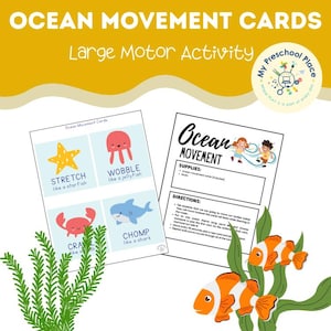 May include: Ocean Movement Cards for large motor activity. The cards feature illustrations of ocean animals with movement prompts like "Stretch like a starfish" and "Chomp like a shark." The design includes a playful font and colorful graphics.