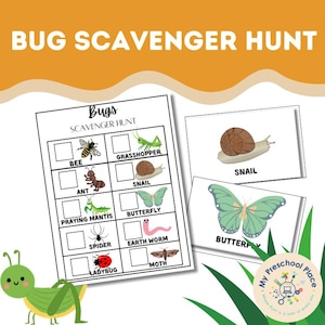 May include: A colorful educational printable titled "Bug Scavenger Hunt" with illustrations of various insects. The image includes a checklist with boxes for each bug, and separate cards with images of a snail and butterfly. The text "My Preschool Place" is also visible.