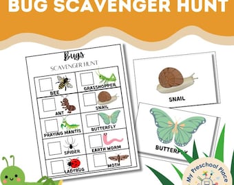 May include: An educational printable titled "Bug Scavenger Hunt" featuring illustrations of insects. The image includes a checklist with boxes for each bug, and separate cards with images of a snail and butterfly. The text "My Preschool Place" is also visible.