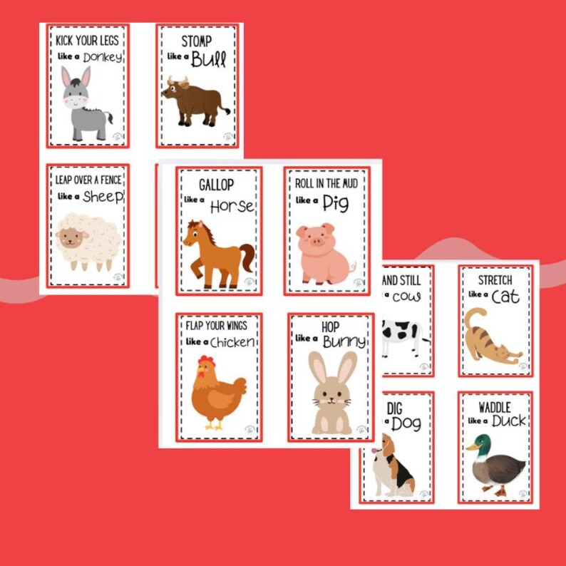 Op de afbeelding: Een set ge&iuml;llustreerde dierenkaarten met rode randen. Elke kaart toont een ander dier en een actie, zoals "Kick your legs like a Donkey" of "Waddle like a Duck". De kaarten zijn ontworpen met een speels, educatief thema.