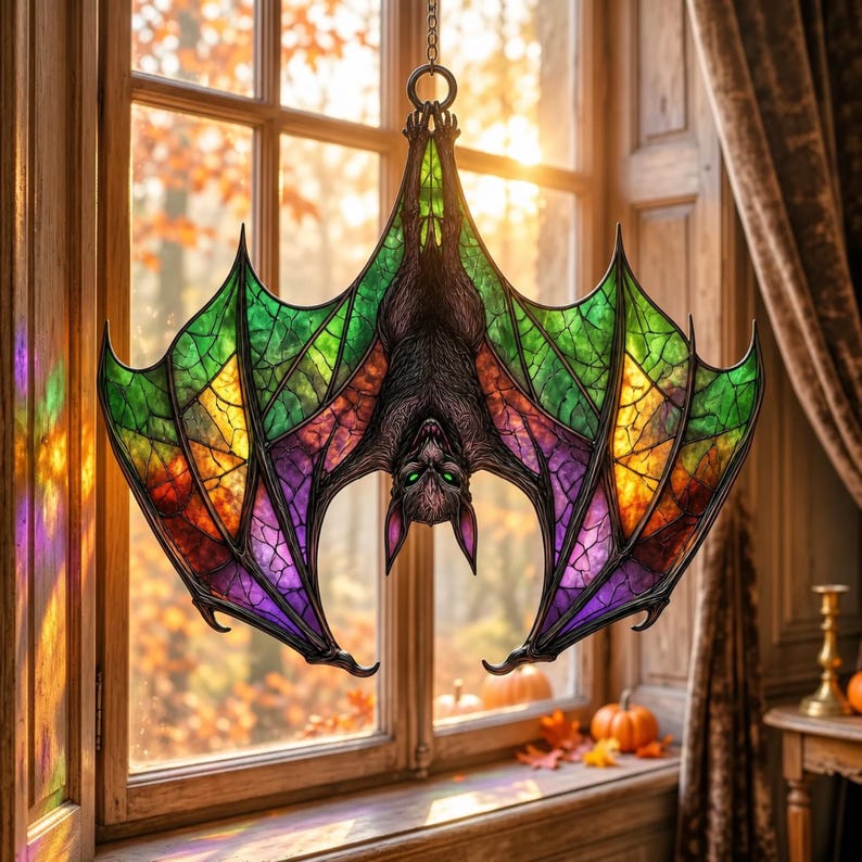 May include: A hanging stained glass bat ornament featuring a dark textured body with glowing green eyes and fangs. The wings are composed of multi-colored glass panels in shades of vibrant green, yellow, orange, and purple, suspended by a metal chain.
