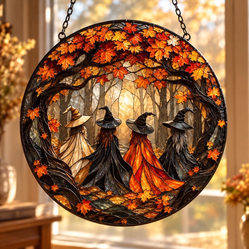 Circular Fall Backdrops Witch Coven Glass Suncatcher, Four Witches Autumn Forest Window Hanging ...