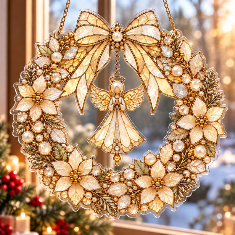 Loading Gift Window Christmas Angel Wreath Suncatcher, Gold Poinsettia Window Hanging, Buy ...
