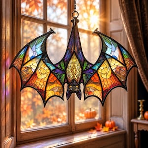 May include: A stained glass bat suncatcher featuring a multi-colored mosaic pattern with shades of orange, yellow, blue, and purple. The bat is depicted with wings spread wide, held by a metal chain, and framed by dark lead lines throughout the design.