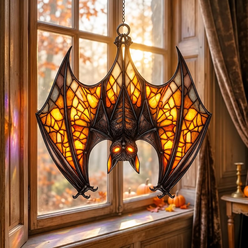 May include: A hanging stained glass bat suncatcher featuring a dark metal frame and wings filled with amber, orange, and yellow glass panels. The bat has glowing yellow eyes and is suspended by a metal chain in front of a window.