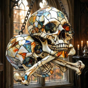 May include: A hanging lamp fixture shaped like two skulls and crossbones, constructed from multi-colored stained glass pieces in shades of orange, blue, and white, held together by dark metal cames and suspended by black metal chains.