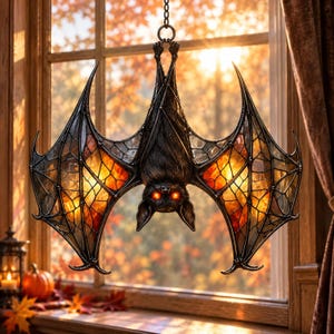 May include: A hanging bat ornament featuring a dark, textured body with glowing red eyes. The wings are constructed with a black metal frame and stained glass panels in shades of orange and yellow, creating a vibrant, translucent effect.