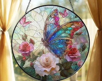 Butterfly and Roses Glass Suncatcher, Wall Decor Art Gift for Butterfly Lovers Flower Ornament Holiday Gift, Gift for Her, Fairy Garden
