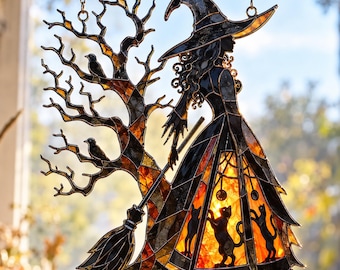 Witch Suncatcher, Halloween Witch Window Hanging, Black Cat Broom Decor, Raven Spooky Tree Ornament, Witch Lover Halloween Gift