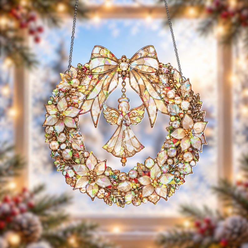 Loading Gift Window Christmas Angel Wreath Suncatcher, Gold Poinsettia Window Hanging, Buy ...