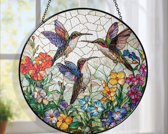 Hummingbird Stained Glass Suncatcher, Floral Window Hanging