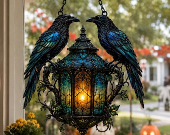 May include: A hanging lantern featuring two black ravens with iridescent blue and green plumage perched on top. The lantern has a dark metal frame with intricate vine details and stained glass panels that emit a warm, glowing amber light.