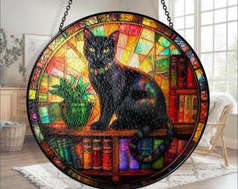 Stained Glass Black Cat Suncatcher, Real Glass Bookshelf Window Decor, Cat Lover Sun Catcher, Colorful Home Gift