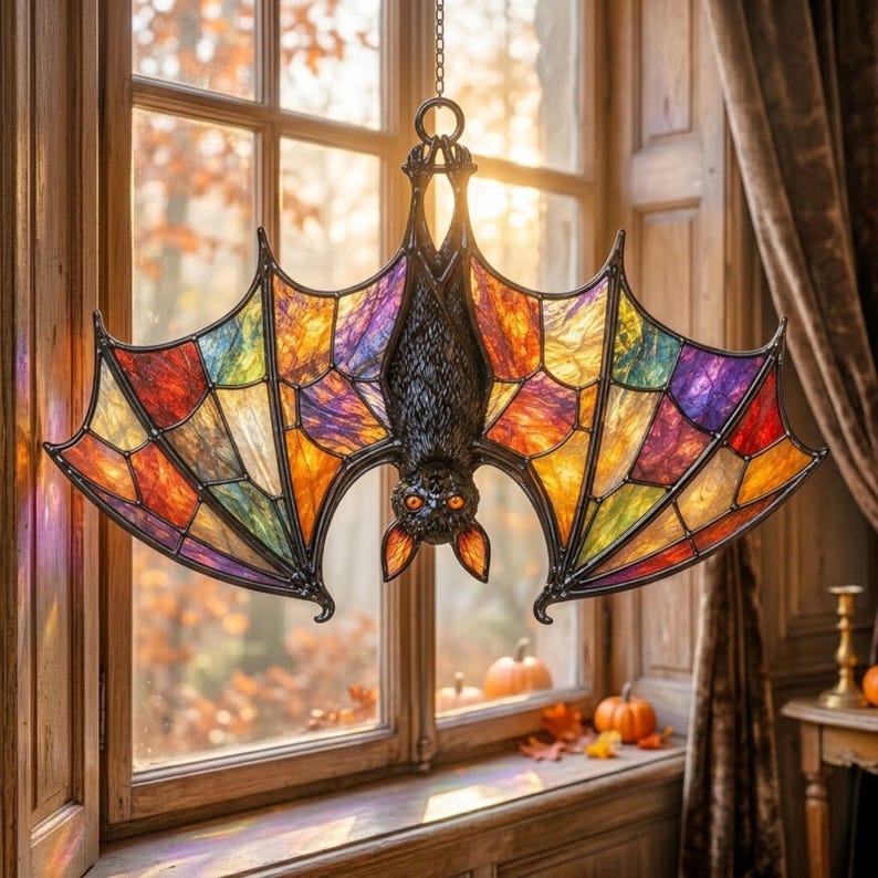 May include: A hanging bat ornament featuring a textured black body and wings crafted from multi-colored stained glass panels in shades of orange, purple, yellow, and green. The bat is suspended by a metal chain and has bright orange eyes.