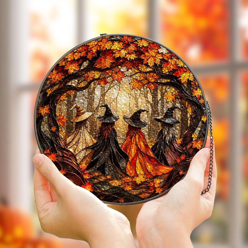 Circular Fall Backdrops Witch Coven Glass Suncatcher, Four Witches Autumn Forest Window Hanging ...