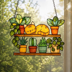 May include: Stained glass window hanging featuring a sleeping orange tabby cat on a wooden shelf with potted plants. The plants include succulents and leafy greens in orange, yellow, and green pots. The piece is suspended by a chain.