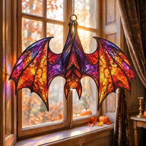 May include: A stained glass hanging ornament shaped like a bat with outstretched wings. The piece features a mosaic pattern of vibrant purple, orange, and red glass segments held together by dark metal lines, suspended by a metal chain.