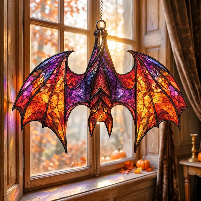 May include: A stained glass hanging ornament shaped like a bat with outstretched wings. The piece features a mosaic pattern of vibrant purple, orange, and red glass segments held together by dark metal lines, suspended by a metal chain.