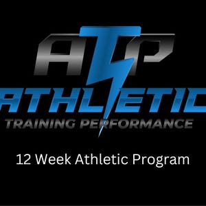 Könnte beinhalten: Ein blaues und silbernes Logo für ATP Athletic Training Performance mit dem Text "12 Week Athletic Program" darunter.
