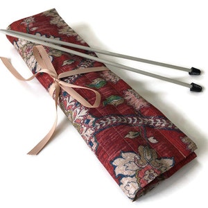 Knitting Needle Case Straight Needle Organizer Rust and Brown Floral