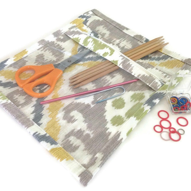 Small Knitting Organizer Make Up Bag Jewelry Case Yellow Ikat Cosmetic Case Zippered Bag Vinyl Bag Small Sac image 2