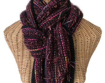 Black Fuchsia Hand Knit Scarf made with Boutique Yarns including Wool Mohair