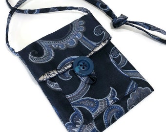 Small Shoulder Bag for Essentials Blue Tapestry Fabric Fully Lined Outside Pocket Button Closure