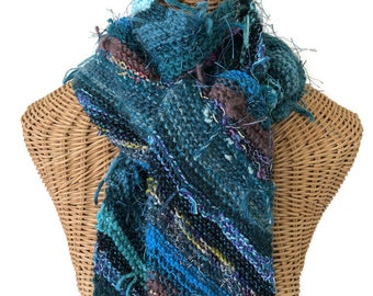 Boho Style  Hand Knit Scarf Diagonal Teal Boutique Yarns