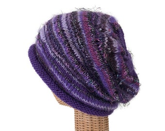 Purple Knit Slouchy Hat Wool Rolled Brim Cap