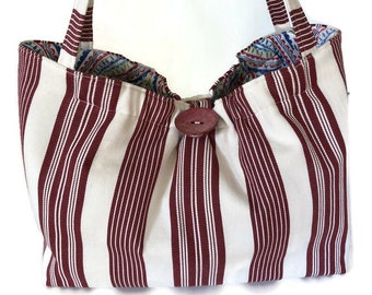 Knitter's Shoulder Bag Red Stripe Upholstery Fully Lined Inside Pocket