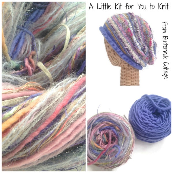 Lavender Knit Slouchy Hat  Kit Yarn Pattern Wool Hand Tied Art Yarn Multicolored Yarn Knitting Kit Roll Brim Hat  boutique FUSION Yarn