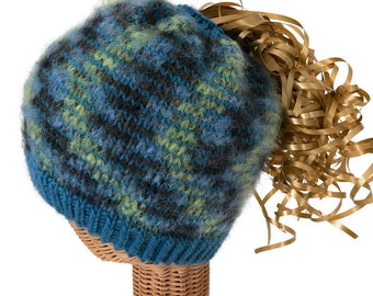 Ponytail Hat Knit Blue and Green