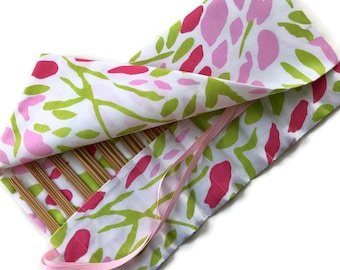 Knitting  Needle Case DPN Organizer Pink and Green  Floral Fabric