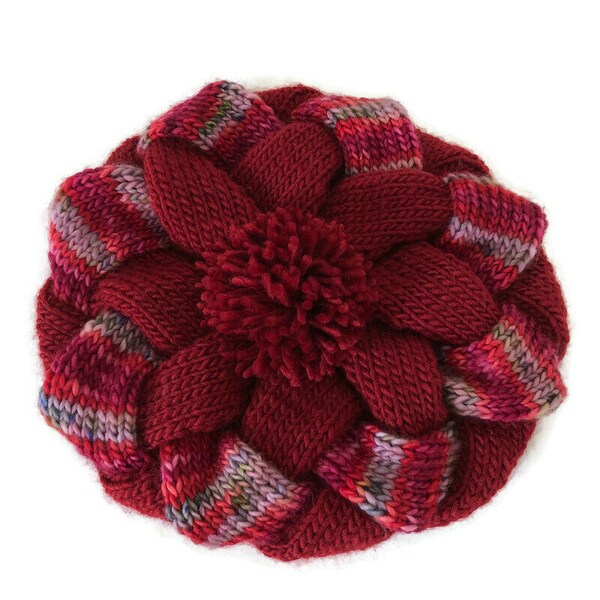 Hand Knit Entrelac Hat Red Beret Wool Tam