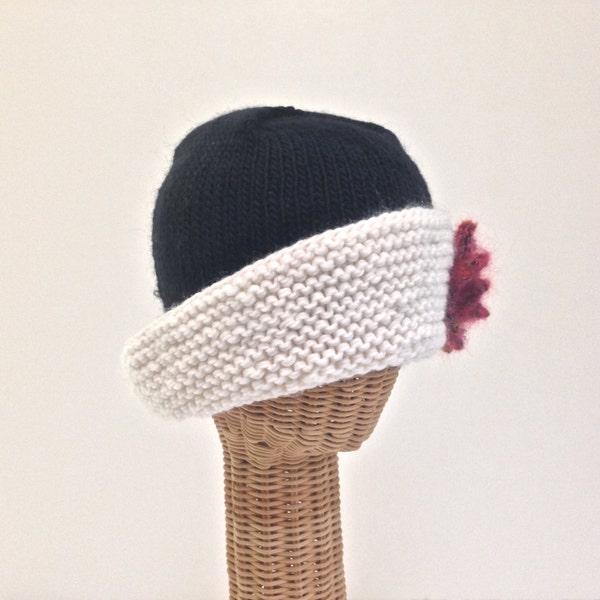 Knit Hat Womans Cloche Black White Wool Mohair  Hat  Detachable Red Flower Brooch Pin Wide Brim Hat Close Fitting Medium Size