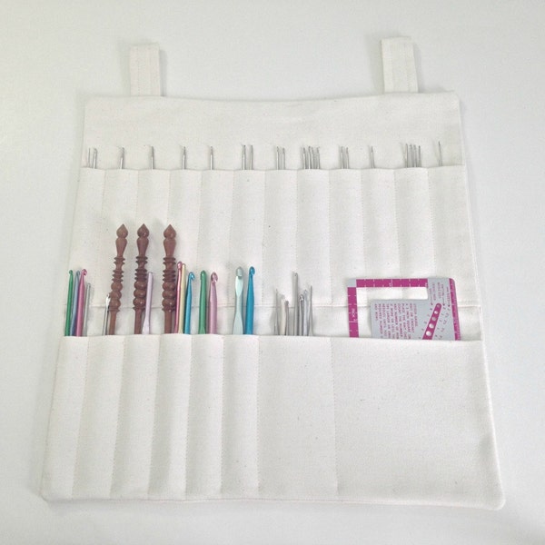 Hanging Organizer Crochet Hooks Storage Multiple Pockets Crochet Hooks Case Natural Cotton Off White Fabric Hanging Storage Case