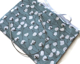 Circular Needle Case OR Combination 7-Inch DPN/Circular Multi Pockets Aqua Cotton Boll Fabric