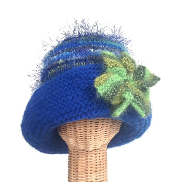 Knit Hat Womans Flower Cloche Blue Wool Hat Wide Brim Hat Flower Hat Knit Brooch Hand Knit Hat One Size Hat Woman's Hat