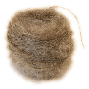 May include: A ball of light brown yarn with a long tail.