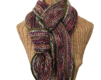 Olive and Mauve Scarf Hand Knit with Boutique Yarns including Wool Mohair