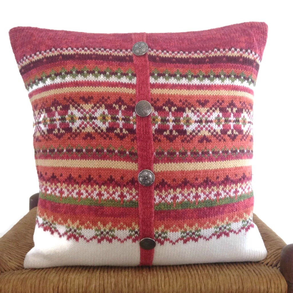 Knitted Pillow Cover Fair Isle Up Cycled Home Farmhouse Decor Etsy