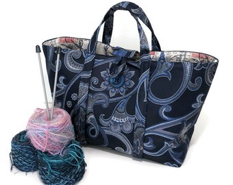 Knitting Bag Blue Upholstery with French Icon Fabric Lining Button Closure