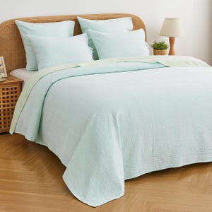 May include: A light blue bedspread and pillow set on a bed with a woven headboard. The bedding has a textured pattern. A small lamp and potted plant are on the nightstand.