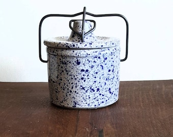 Antique Stoneware Crock with Lid. Splatter Blue