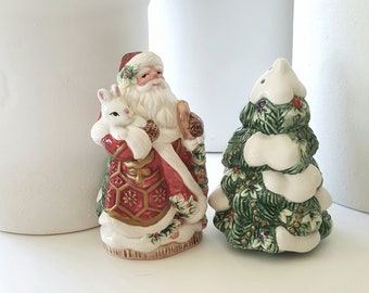 Vintage Fitz and Floyd Florentine Holiday Santa Ceramic Salt and Pepper Shaker Set.