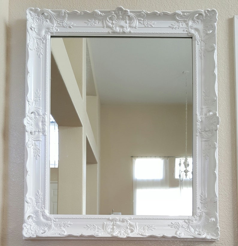 Antique Ornate White Framed Mirror Solid Wood Frame Chic Image 0